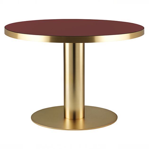 Gubi 2.0 Round Dining Table Glass Top Brass Base Cherry Red Small